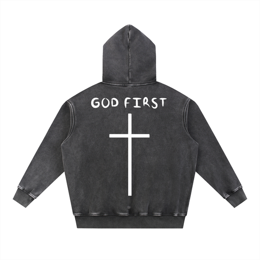 "GOD FIRST" Snow Wash Oversize Hoodie