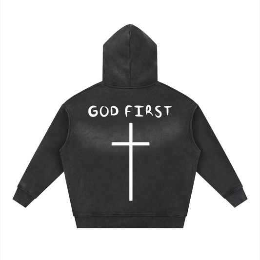 "GOD FIRST" faded Zipper Hoodie