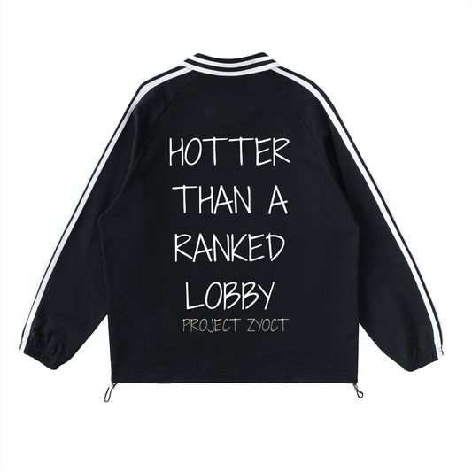 "HOTTER THAN A RANKED LOBBY" Striped Collar Sweatshirt